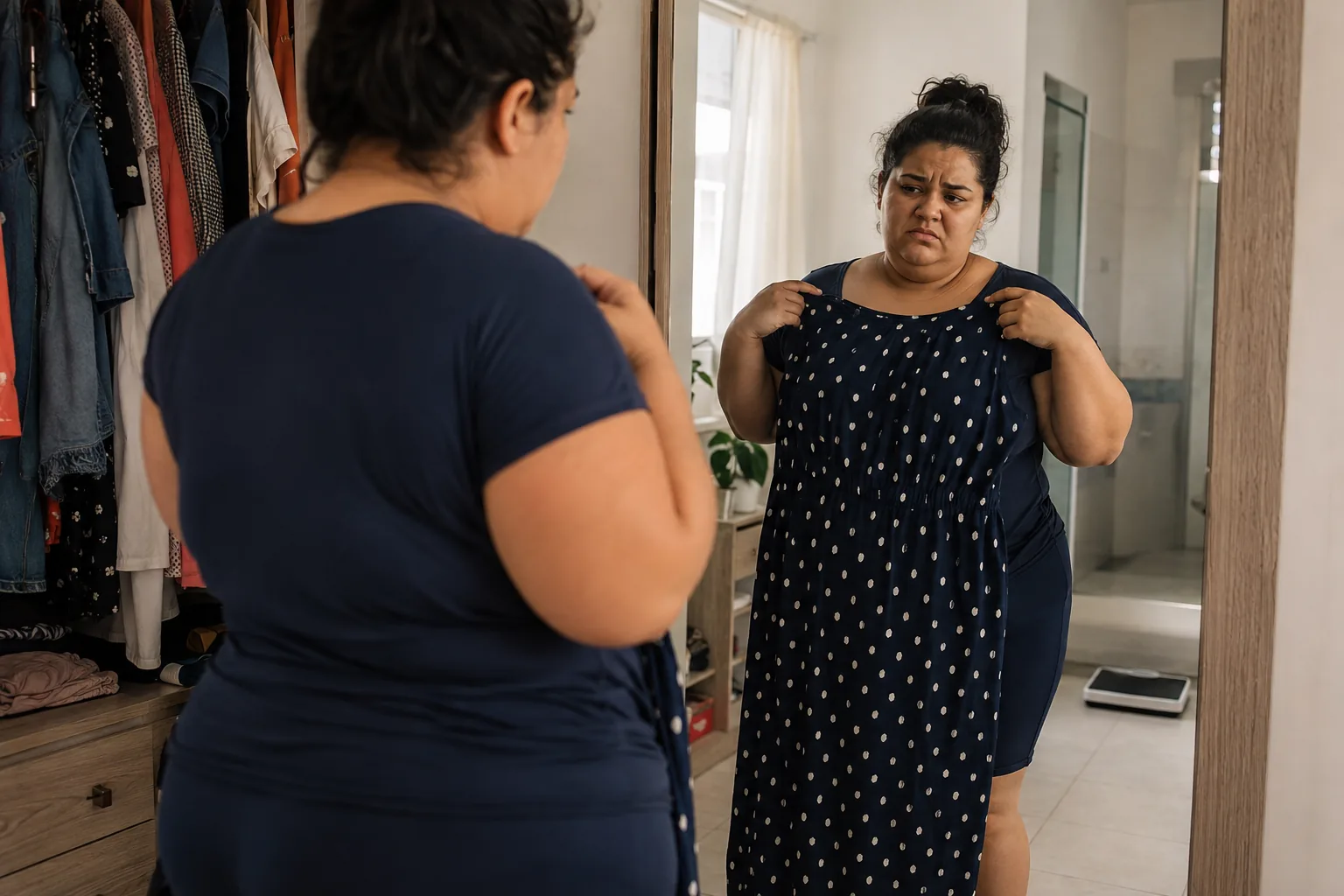 Mulher com obesidade observando uma roupa diante do espelho