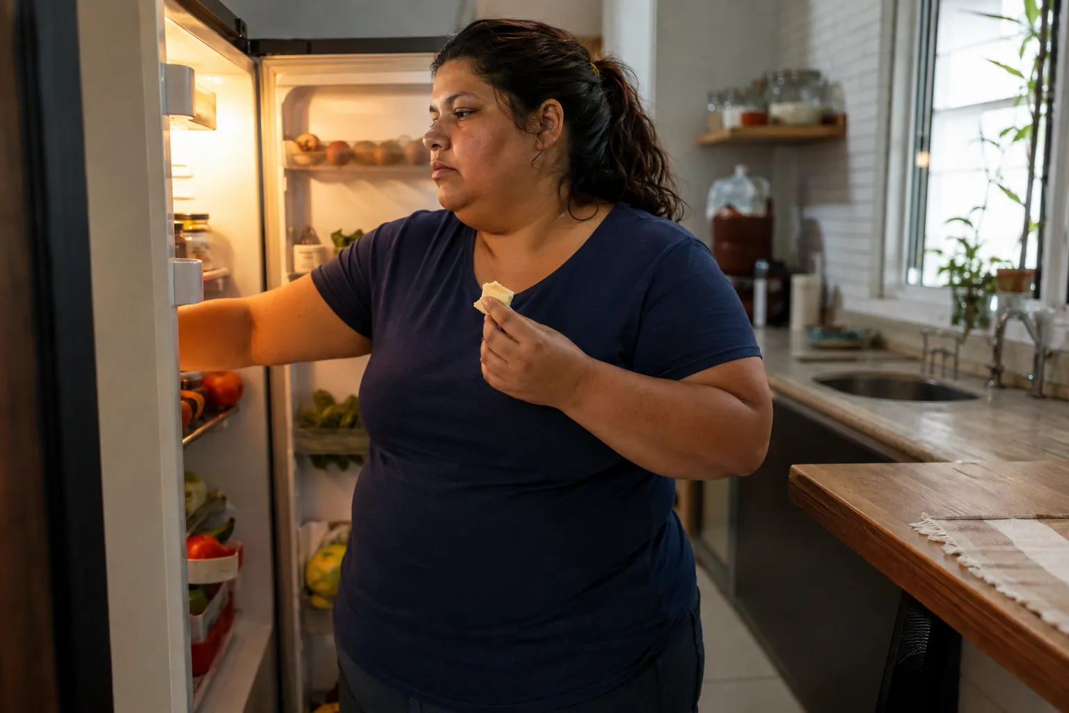 Mulher com obesidade procurando um lanche na geladeira aberta
