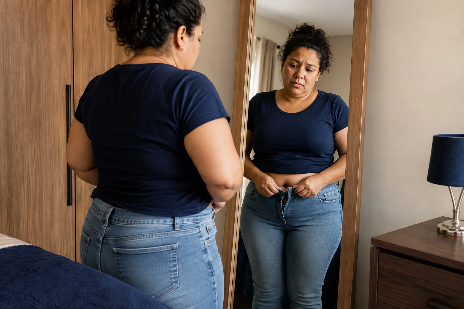 Mulher com obesidade tentando fechar uma calça diante do espelho